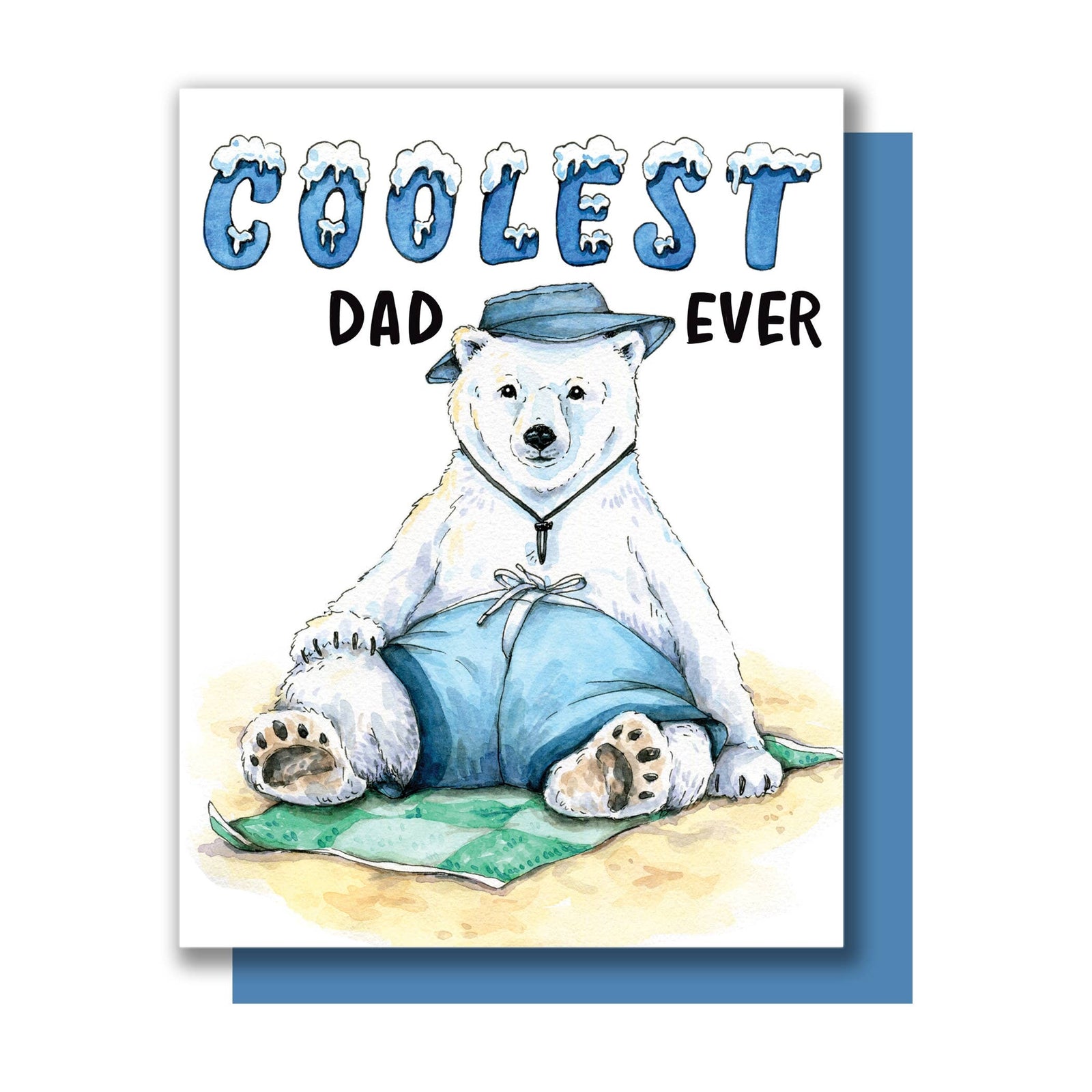 Greeting card with a polar bear wearing a hat and pants, and the text 'Coolest Dad Ever'.