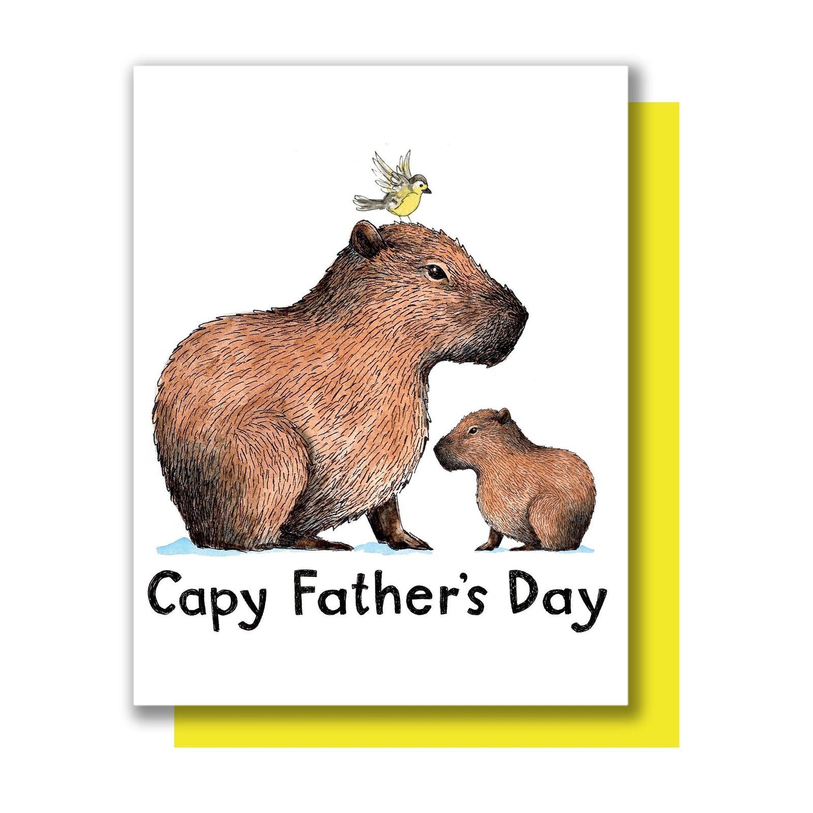 Greeting card with an illustration of a dad capybara with a bird on his head and his baby, with the text 'Capy Father's Day'.