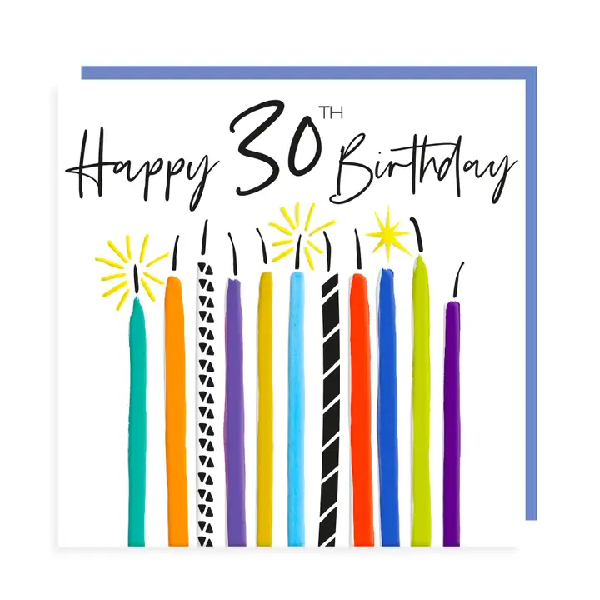 Birthday card with "Happy 30th Birthday" in cursive on top of colourful candles