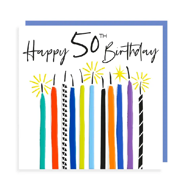 Birthday card with "Happy 50th Birthday" in cursive on top of colourful candles