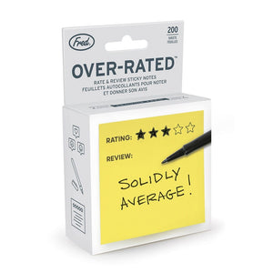 Box of 'Over-Rated' yellow sticky notes with rating text on a white background