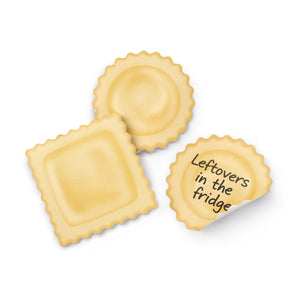 Three ravioli shaped sticky notes with one labeled 'Leftovers in the fridge' on a white background