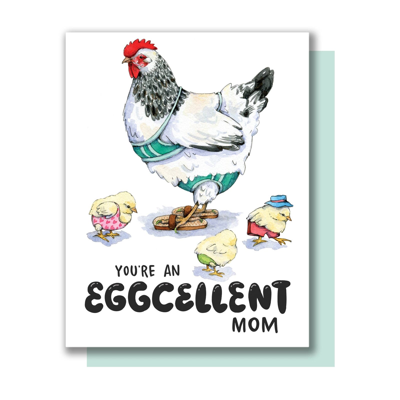Greeting card with an illustration of a mother hen and chicks wearing swimming costumes featuring the text 'You're an Eggcellent Mom'.