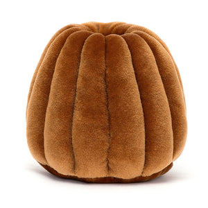 Back view of a Jellycat brown canelé shaped plush on a white background. 