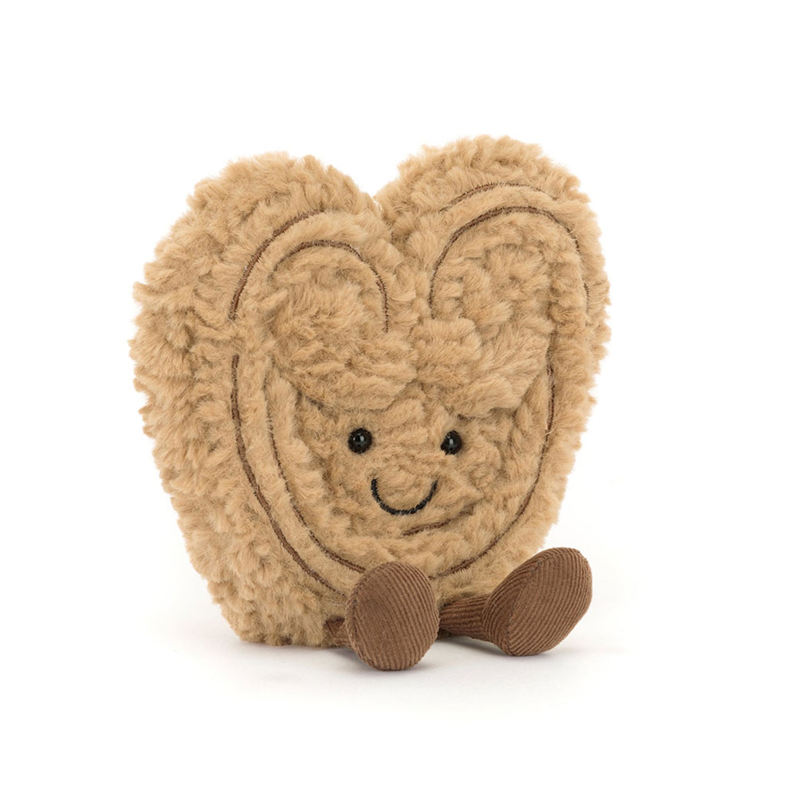 Jellycat light brown heart-shaped palmier plush toy with a smiling face on a white background