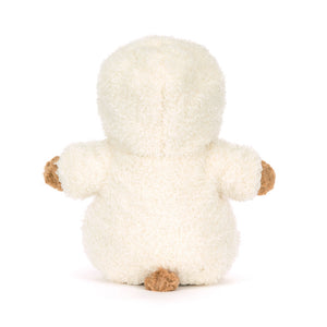 Back view of a Jellycat brown bear plush wearing a white fleece all in one outfit on a white background. 