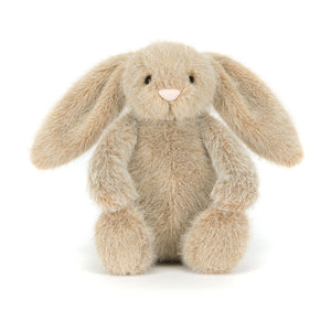Jellycat oat coloured bunny plush with a pink nose on a white background.