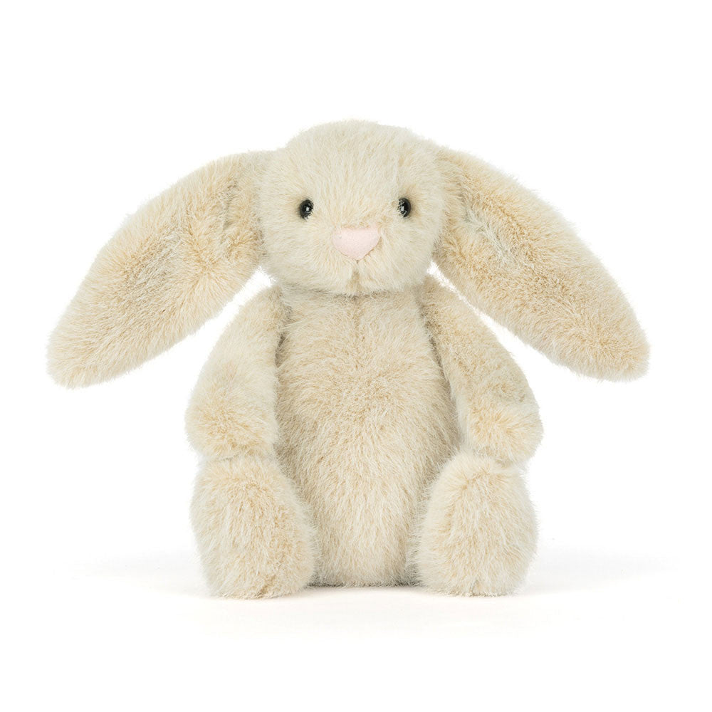 Jellycat wheat coloured bunny plush with a pink nose on a white background.