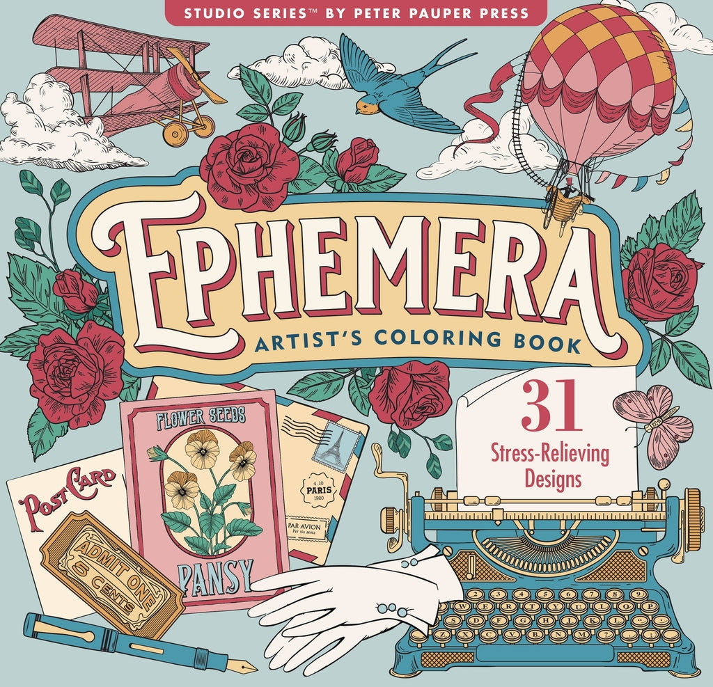 Cover of the 'Ephemera Colouring Book' featuring a vintage design with floral patterns, a biplane, a hot air balloon, and various vintage objects.
