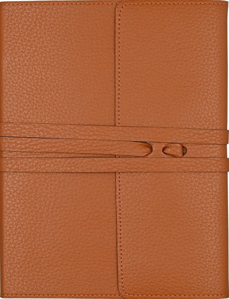 A brown vegan leather wrap journal with a tri-fold construction and a faux leather tie closure.