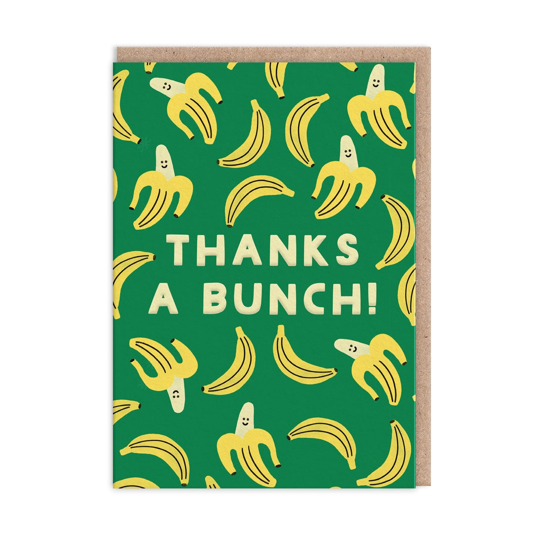 Greeting card with smiling banana pattern and 'Thanks a Bunch!' text on a green background.