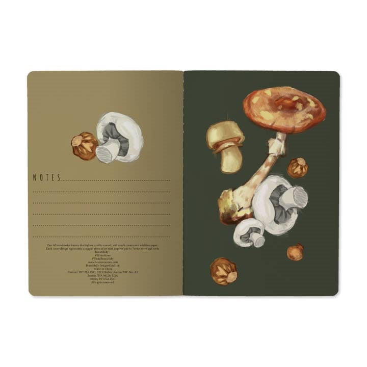 Mushrooms On Black Lined Notebook