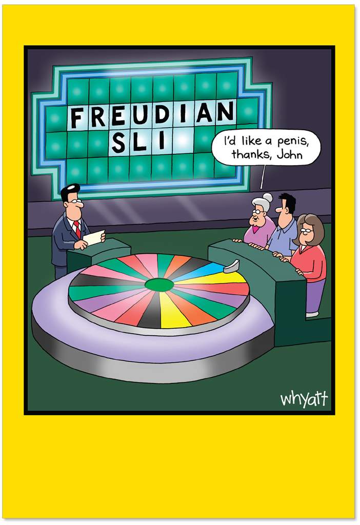 Greeting card featuring a humorous illustration of a game show set; three people stand behind a desk on one side of a coloured wheel, while the game host stands behind a desk across from them. The text 'I'd like a penis, thanks, John' is printed in a speech bubble over one of the contestants, while 'Freudian Sli ' is printed on a lit up board behind them.