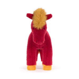 Front view of a Jellycat plush toy horse with red body and yellow mane and hooves on a white background
