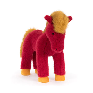 Jellycat plush toy horse with red body and yellow mane and hooves on a white background