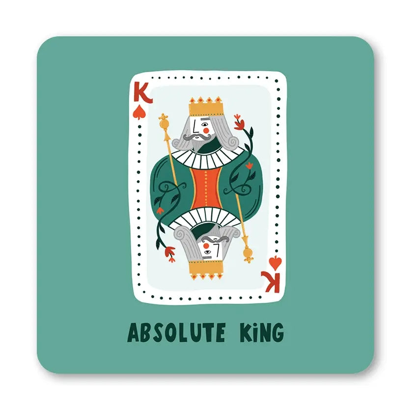 Coaster featuring an illustration of a King playing card and 'Absolute King' text on a teal background.
