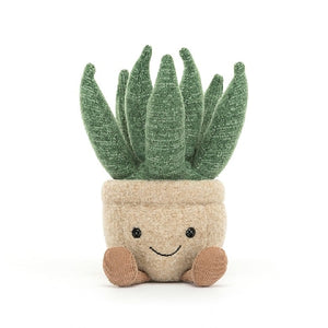 adorably soft plushie of a smiling aloe vera with feet by popular brand Jellycat.