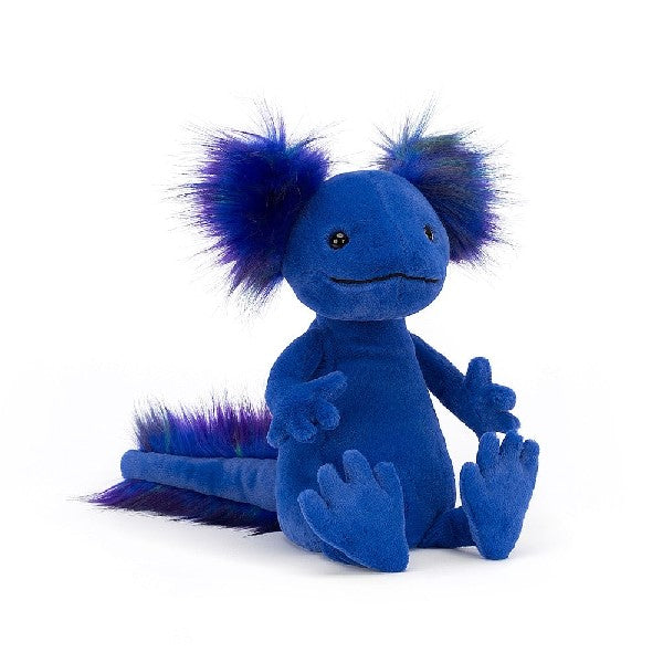 adorably soft plushie of a bright blue axolotl by popular brand Jellycat.