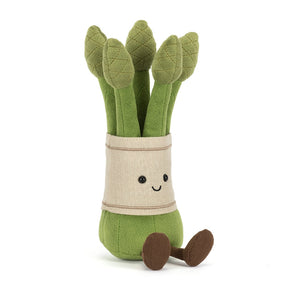 Front view of a Jellycat asparagus plush toy with a smiling face on a white background