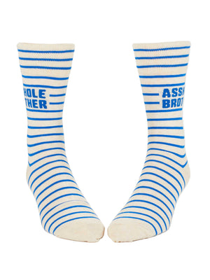 Pair of blue and cream striped socks with blue text saying 'asshole brother' on a white background