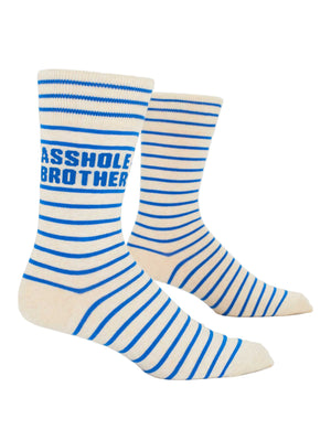 Pair of striped blue and cream coloured socks with 'Asshole Brother' text on a white background
