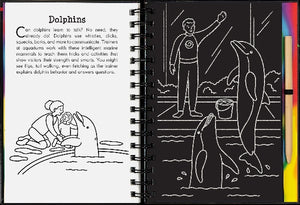 Open book with black and white illustrations of a person and dolphin, accompanied by text.