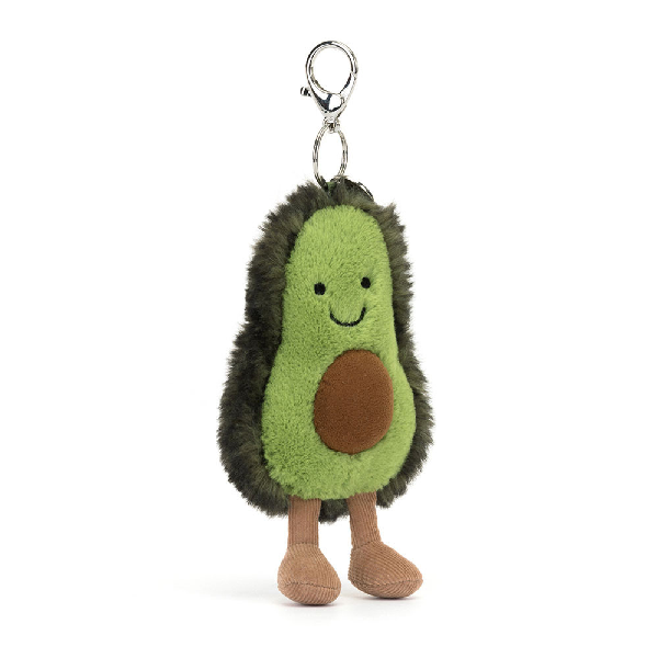 adorably soft bag charm of a smiling avocado with legs by popular brand Jellycat.