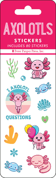 thin sticker sheet with a pink product hanger. main text reads "axolotls stickers". stickers shown include smiling axolotls either sleeping, sitting, holding balloons, etc. peter pauper press product