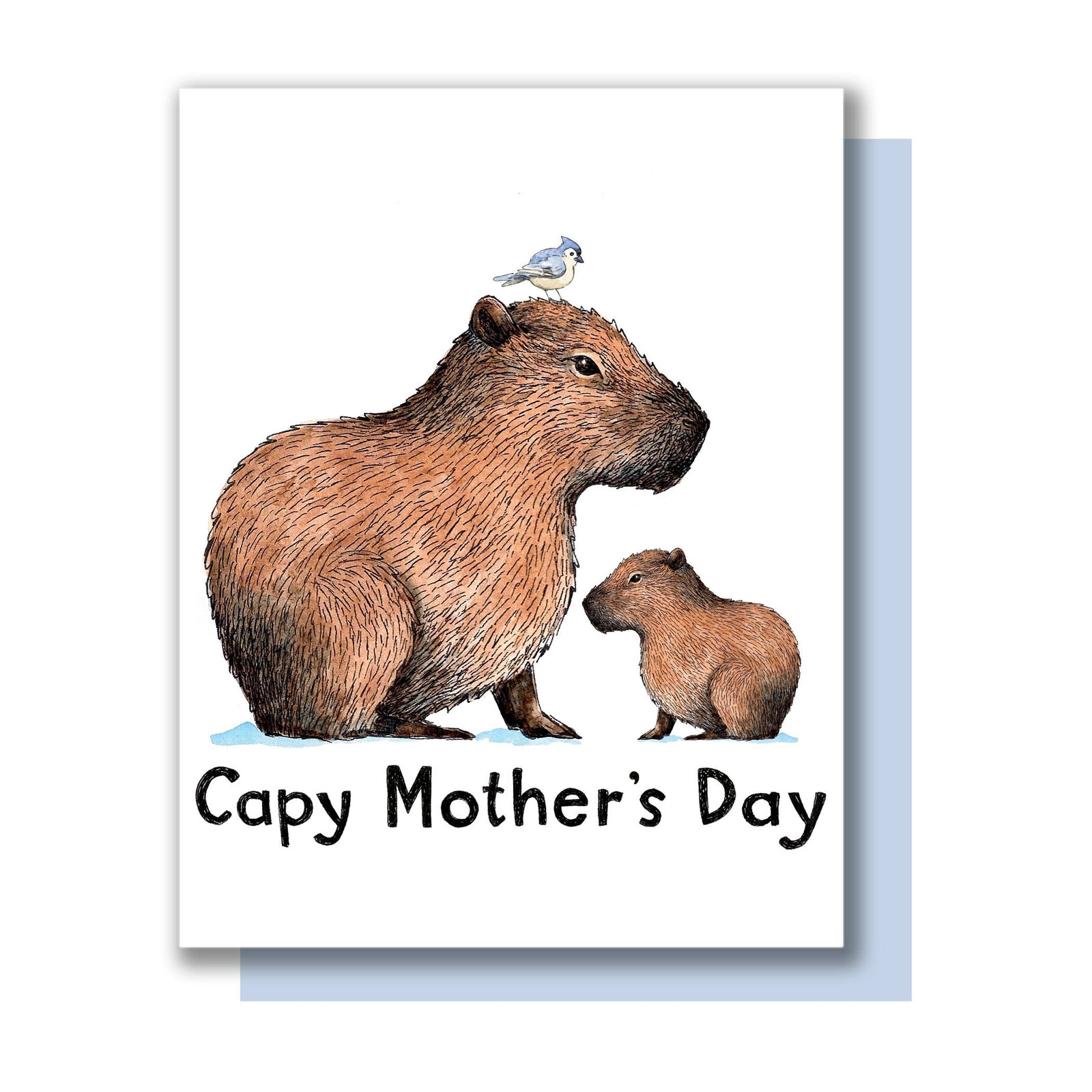 Greeting card with an illustration of a mama capybara with a bird on her head and her baby, with the text 'Capy Mother's Day'.