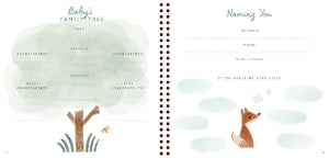 Two illustrated pages of a baby book with a family tree and naming you section.