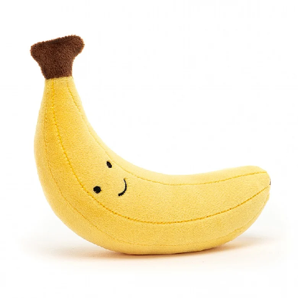 adorably soft plushie of a smiling banana by popular brand Jellycat.