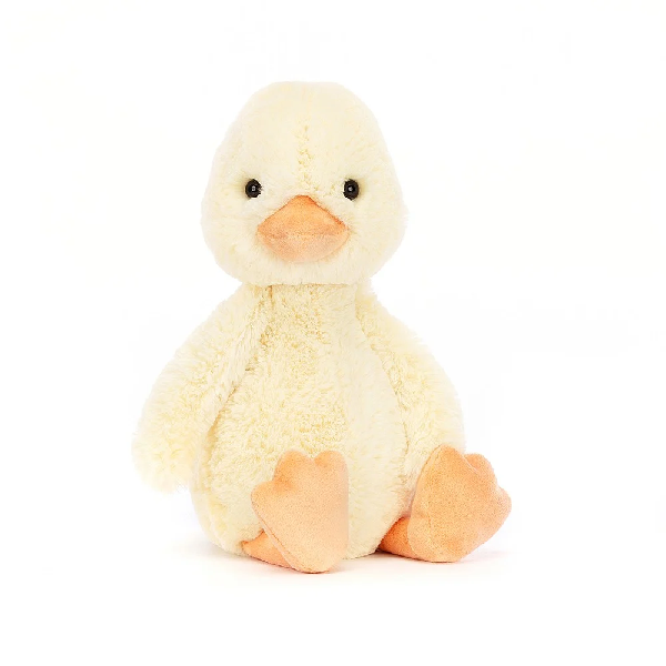 adorably soft plushie of a duckling by popular brand Jellycat.