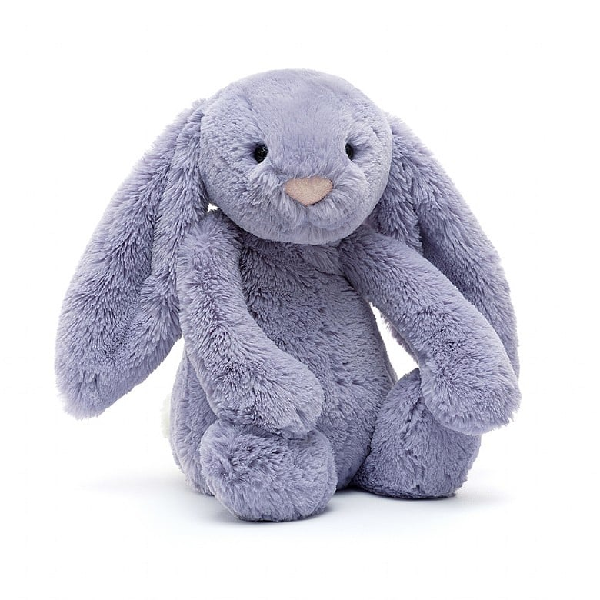 adorably soft plushie of a violet bunny by popular brand Jellycat.