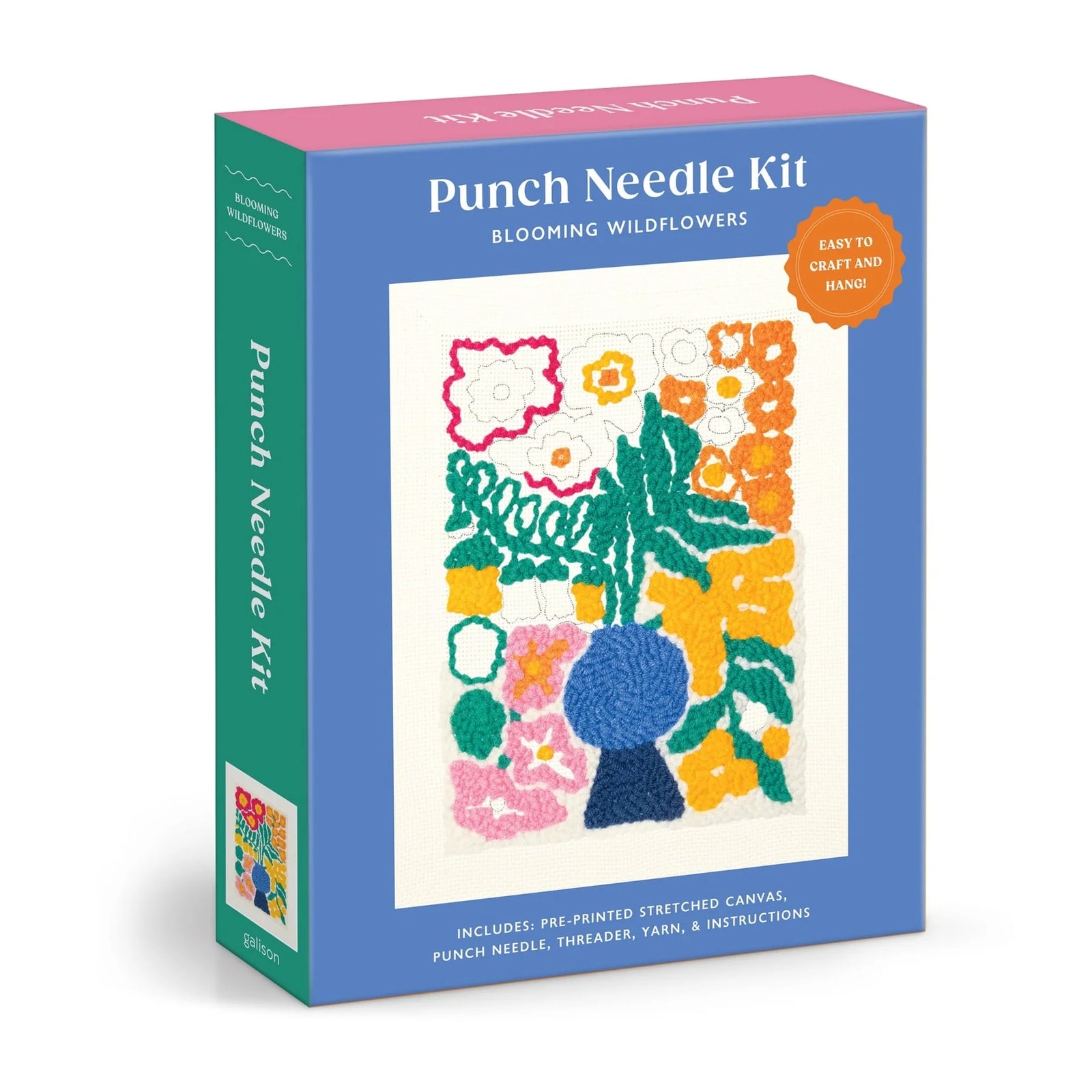 DIY Kit box featuring an image of a punch needle design of a plant in a blue vase surrounded by colourful flowers. 