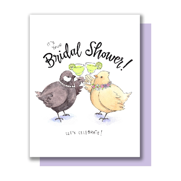 Greeting card with an illustration of two birds holding cocktails with the text 'It's your Bridal Shower!' and 'Let's Celebrate!'
