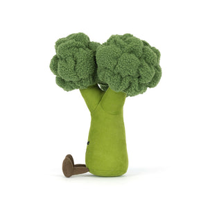 Side view of a Jellycat broccoli shaped plush on a white background