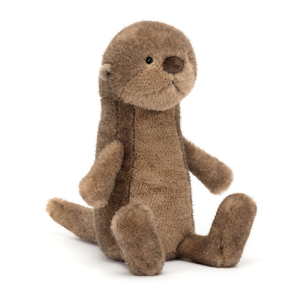 adorably soft plushie of a sad sitting otter by popular brand Jellycat.