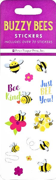 rectangle sticker sheet of bees and bee puns. purple hanging tab. main text reads "buzzy bees stickers"