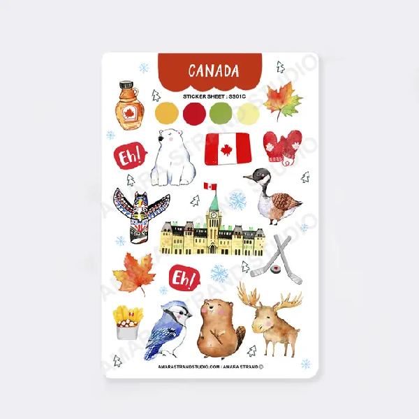 cute Canada-themed sticker sheet including a totem, a moose, a Canadian goose, and more.