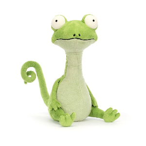 soft plushie of a silly, beady-eyed green chameleon by popular brand Jellycat.