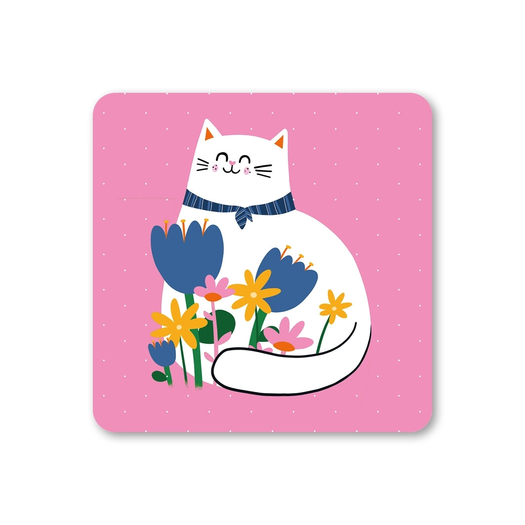 Coaster featuring an illustration of a white smiling cat wearing a blue neck tie on a pink background with flowers. 