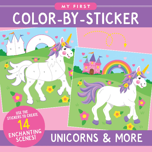 pink product background with text on purple banners. top text reads "my first color-by-sticker", and bottom text reads "unicorns & more". at the centre is a before and after example of a white unicorn that's been filled in with sticker body parts. peter pauper product.