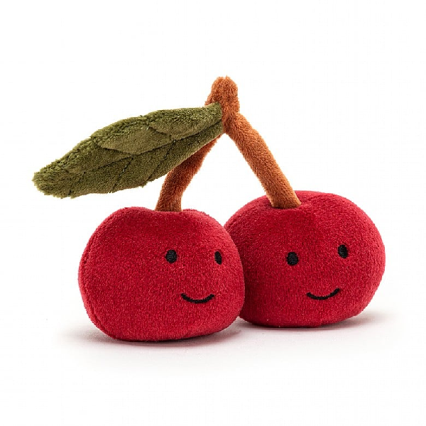 adorably soft plushie of a smiling pair of cherries by popular brand Jellycat.