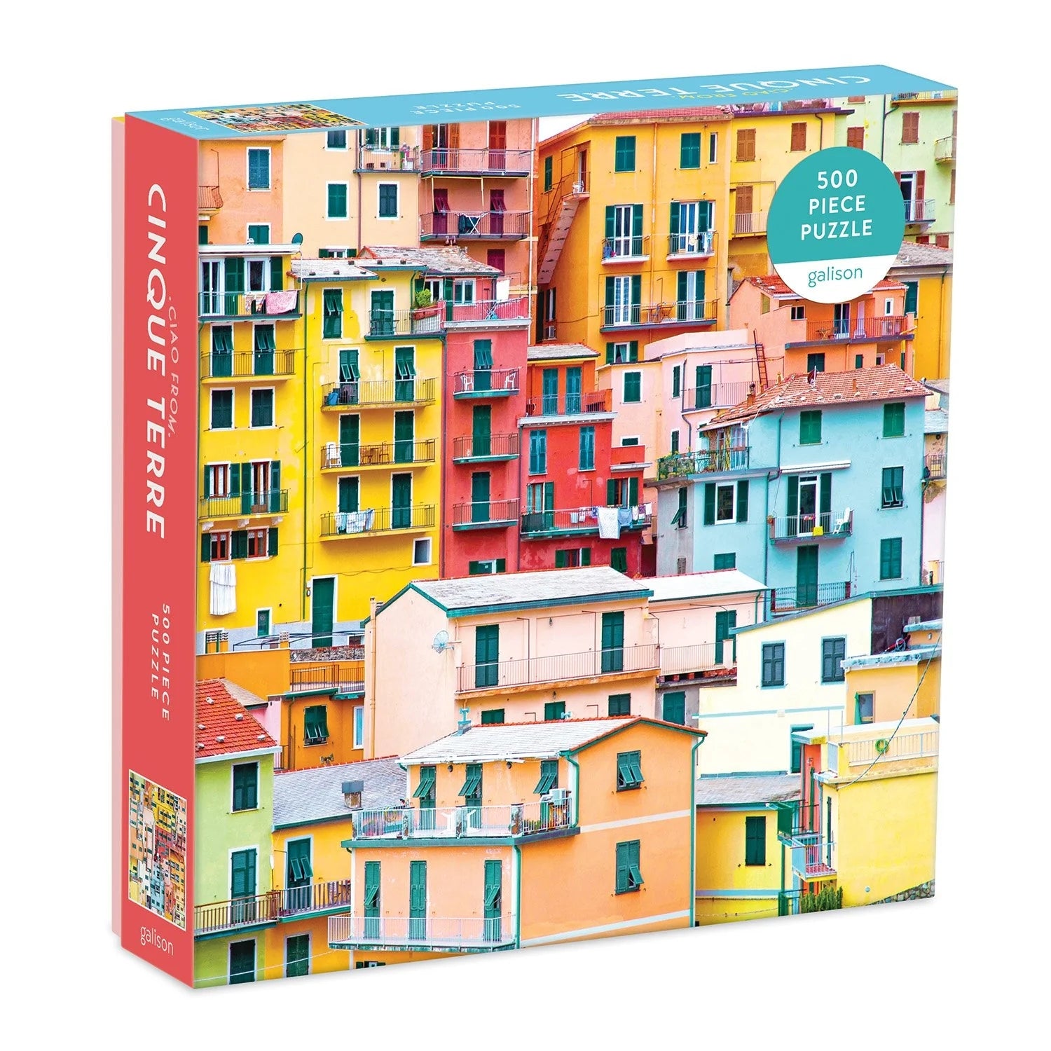 Puzzle box featuring an image of colourful houses in Cinque Terre. The text 'Cinque Terre' is printed on the side of the box.