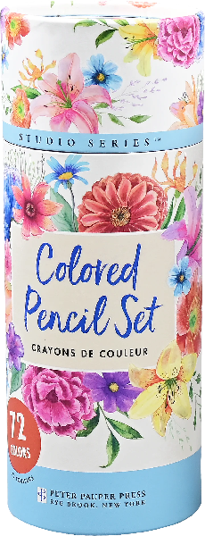 white and blue cylindre filled with a colourful flowery pattern. main centre text reads "colored pencil set"