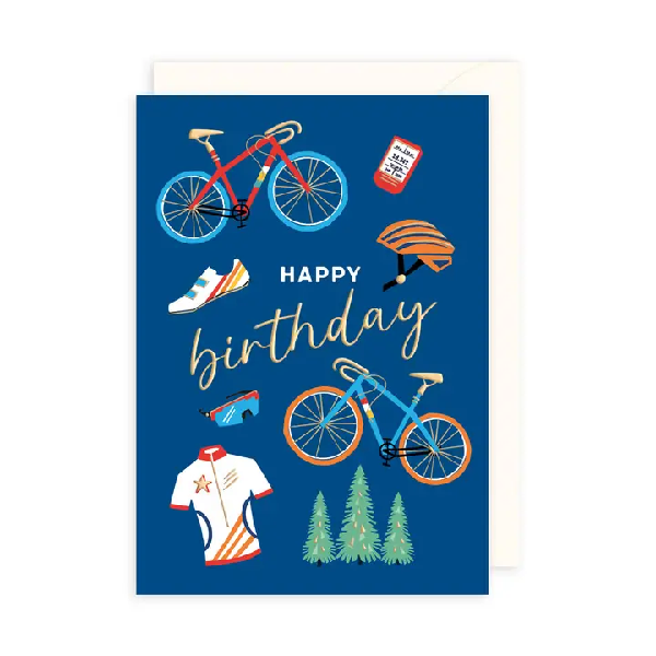 Blue birthday card. Cute cyclist-themed icons, such as a bikes, helmets, glasses, a jacket, and more, surround text "happy birthday".