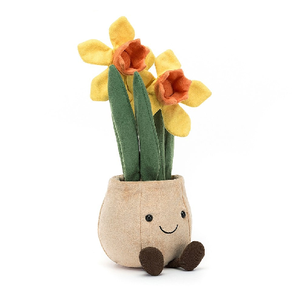 adorably soft plushie of a smiling daffofil pot by popular brand Jellycat.