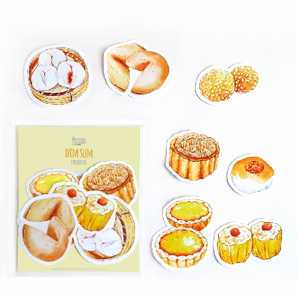 cute dim sum-themed sticker set including a moon cake, a sesame ball, an egg tart, and more.