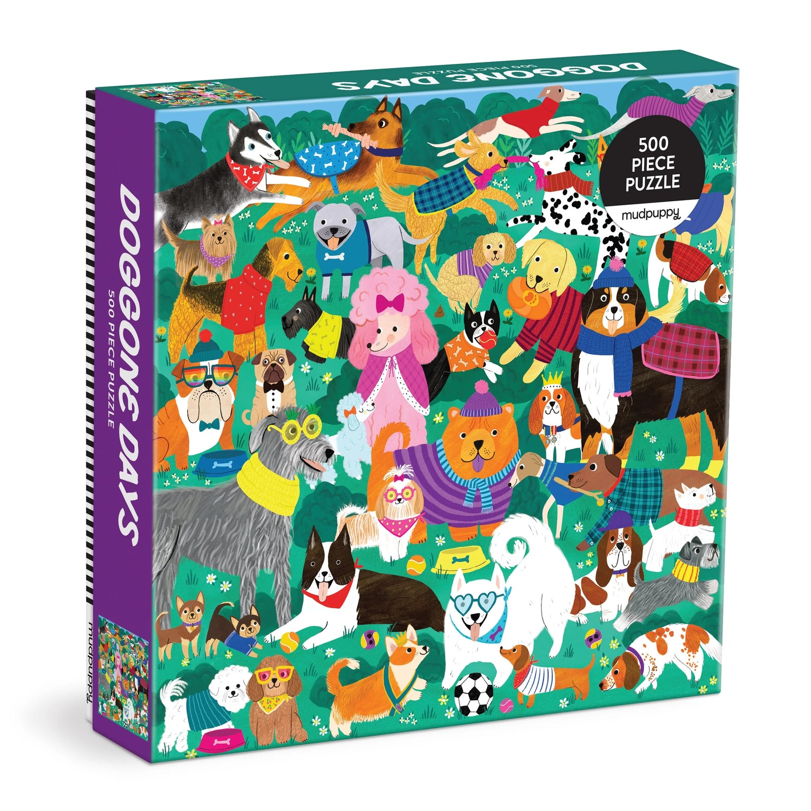 Puzzle box with colorful illustrations of dogs in various outfits on a green outdoor background.