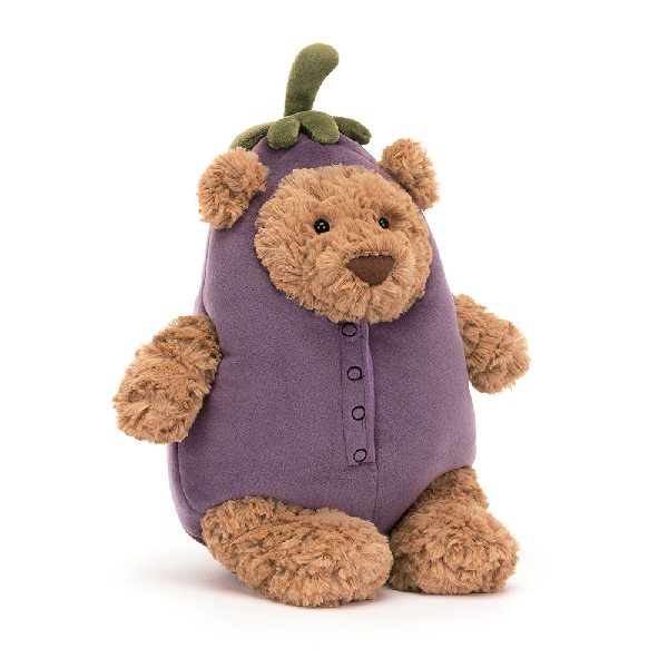 adorably soft plushie of a sitting bear in an eggplant costume by popular brand Jellycat.